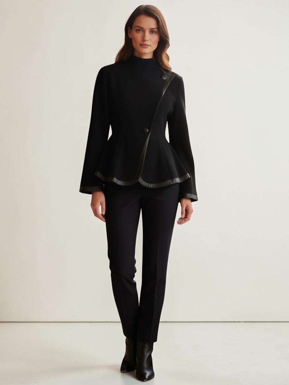 Wool leather trim Black Asymmetrical Peplum Jacket Bell Sleeve Size S
